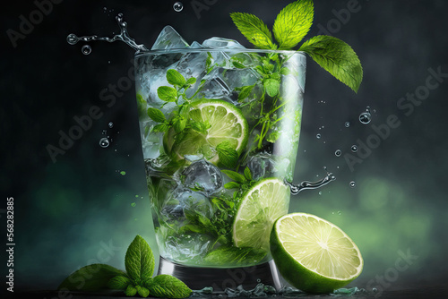 Cooling mojito with ice, fresh mint, and lime for the summer. Generative AI