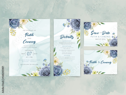 wedding invitation with elegant royal blue roses