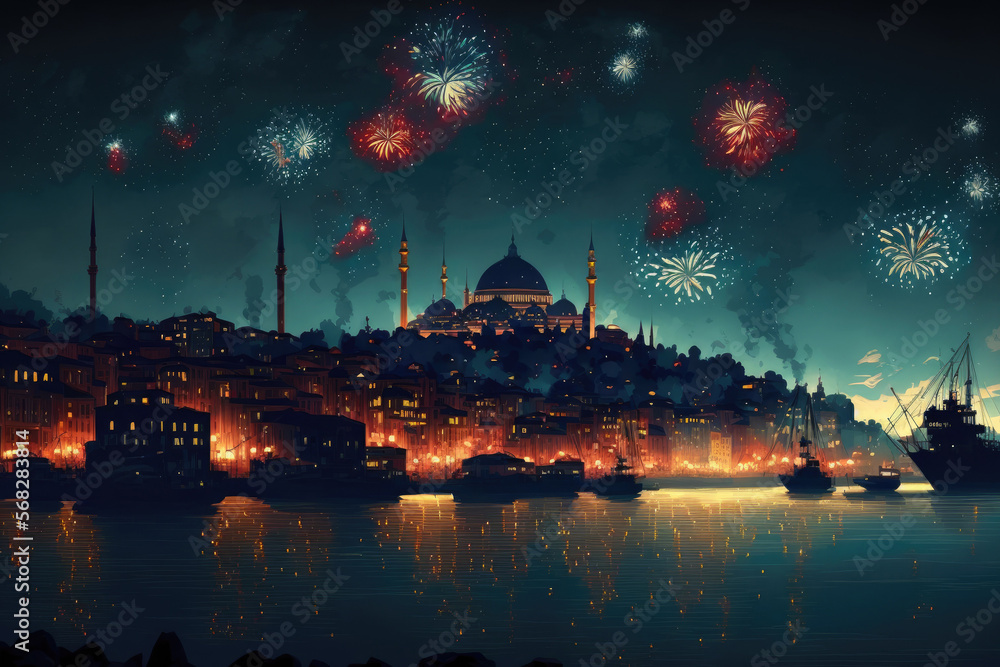 Light up the sky with fireworks. Turkey's Istanbul. Generative AI