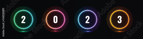 Set of Neon glowing circles with 4 colors variation Green Red Blue Yellow. Abstract futuristic illuminate frame in dark background with copy space. Vector eps 10