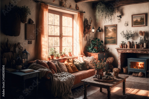 a cozy farmhouse living room with warm and soft beige boho decor and large windows AI assisted finalized in Photoshop by me