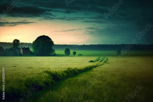 sweeping view of a meadow and natural environment in Belgium at dusk. lovely rural grassland in the distance. Generative AI