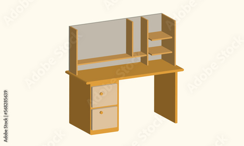 Isometric wooden desk with a husk design. Interior furniture vector template.