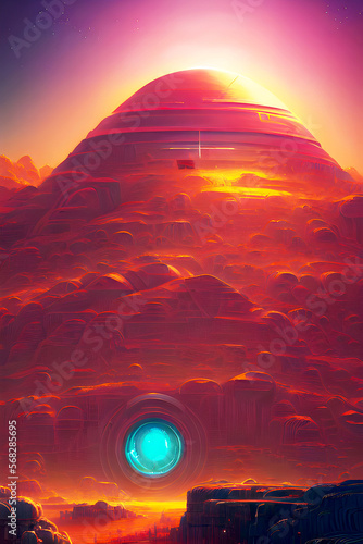Red Fort - Futuristic Graphic Art, Fantasy alien planet in space, Generative AI
