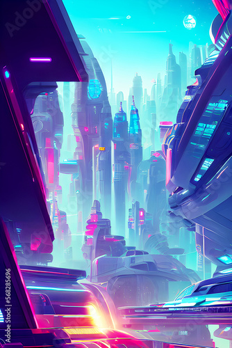 Blue Sky Sea City - Futuristic Graphic Art, Generative AI