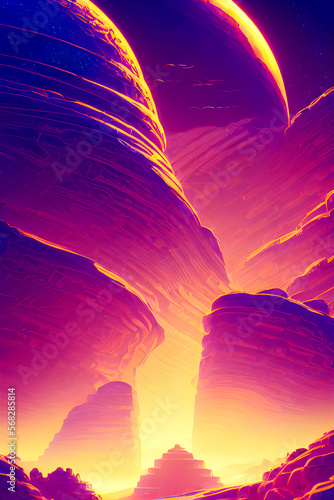 Golden Sun Cliff - Futuristic Graphic Art, Generative AI