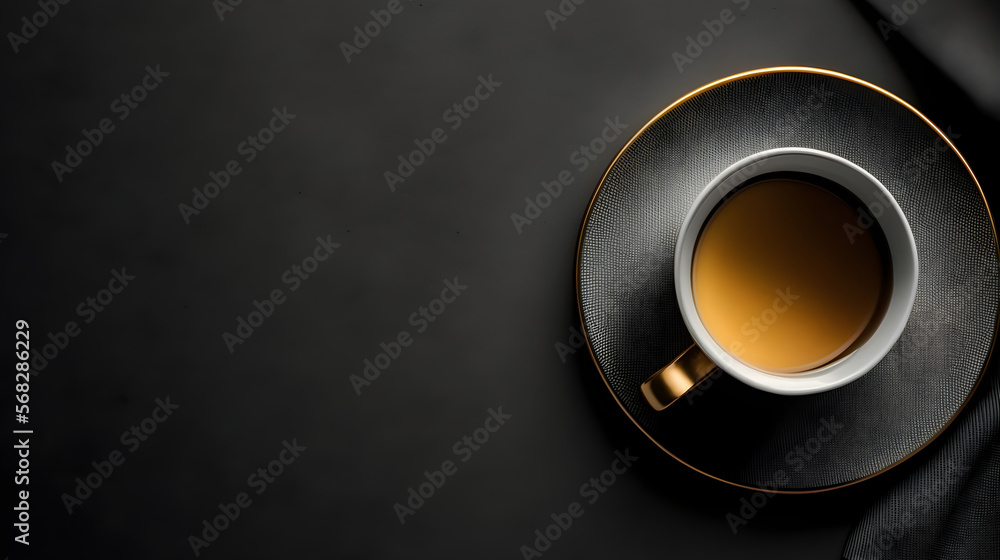 Cup of coffee on gold black color mix. Minimalistic flat lay. Top view. Generative ai