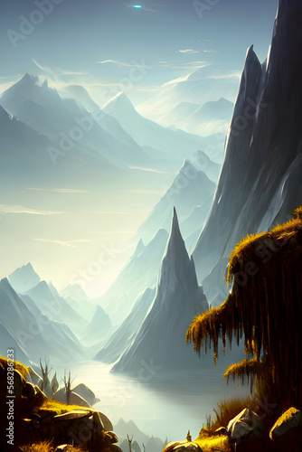 Fantasy alien planet, Mountain, and lake- Landscape Graphic Art, Generative AI