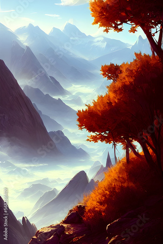 Autumn mountain peak - Landscape Graphic Art, Generative AI