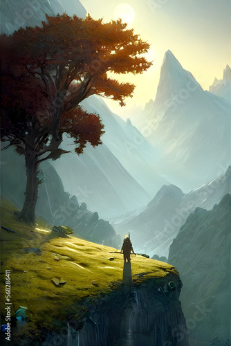 Lonely mountain tree - Landscape Graphic Art, Generative AI