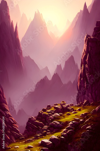 Violet Mountains - Landscape Graphic Art, Generative AI