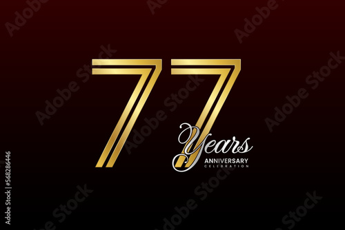 77th anniversary logo design with double line. Gold color numbers with silver text. Logo Vector Illustration