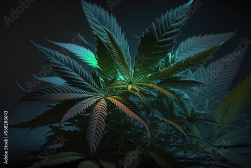 Cannabis leaves  a dark background  a lovely background  and indoor cultivation. Generative AI