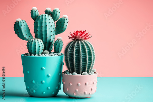 Surreal prickly cacti on pastel gradient background. Floral creative concept. Generative AI illustration