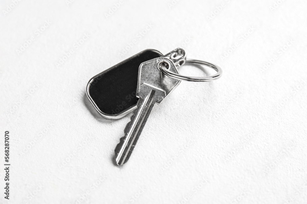 Key with keychain on light background Key with keychain on light background