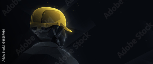 Low poly wireframe Portrait of an Industry Engineer Worker and Hard Hat. Vector illustration