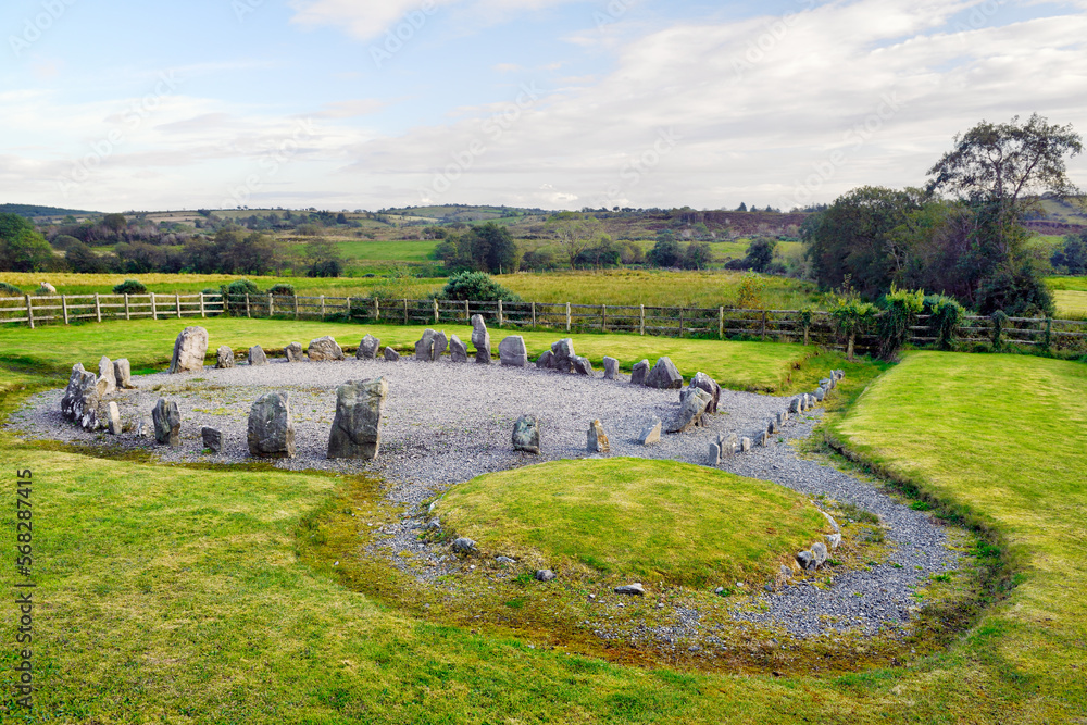 Drumskinny stone circle, cairn and stone alignment. Prehistoric Neolithic megalithic site near Kesh, Co. Fermanagh, N. Ireland. Approx. 4000 years old