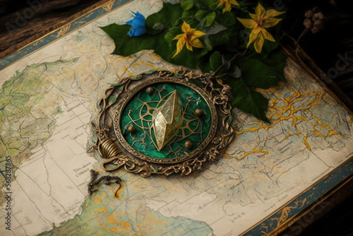 Fényképezés Astrakhan, Russia March 1, 2022 Middle Earth map with Elven Lorien brooch lying on it