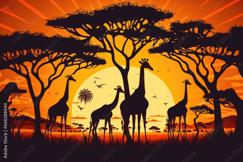 Giraffe herd in the Serengeti National Park against the setting sun. Africa. Tanzania. Generative AI