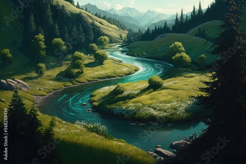 Serene river winding through verdant valley - AI Generated