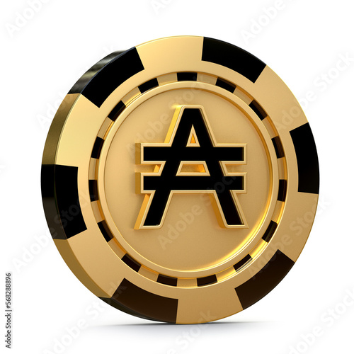 Golden casino chip with austral sign isolated on white background. Gambling concept. 3d Illustration. photo
