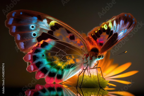 Neon butterfly with rainbow colors on a yellow flower, ai.