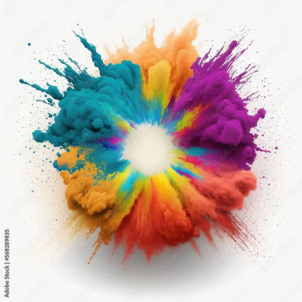 Holi powder Color splash paints round border isolated on white background  colorful explosion, Generative ai Stock Illustration