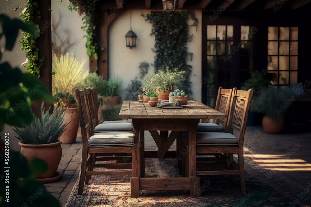 outdoor patio with a wooden table, chairs, and a woven outdoor rug, surrounded by potted plants and green foliage (AI Generated)