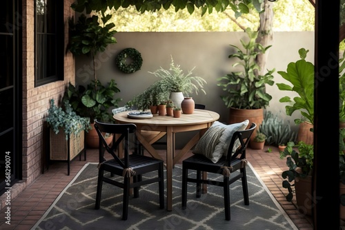 outdoor patio with a wooden table, chairs, and a woven outdoor rug, surrounded by potted plants and green foliage (AI Generated)