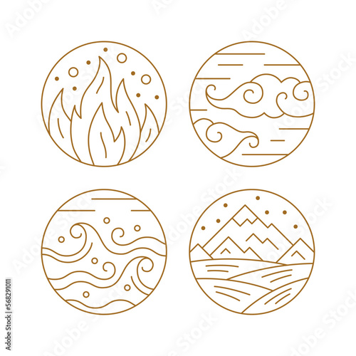 Four elements of nature thin line symbols set. Water, fire, earth, air golden signs vector illustration on white background