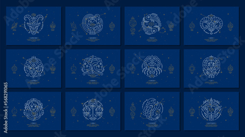 Set of zodiac signs with description of personal features. Astrology horoscope cards with zodiac constellations on dark blue sky thin line vector illustration