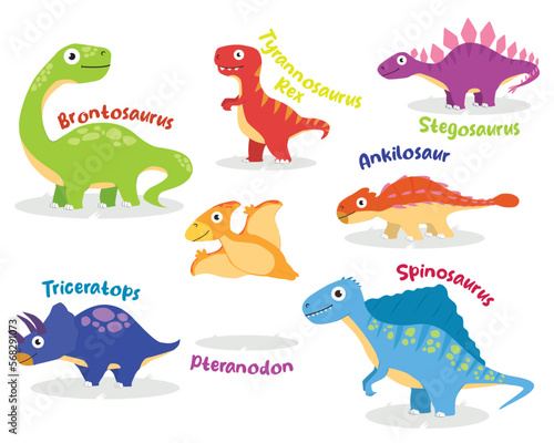 Fototapeta Naklejka Na Ścianę i Meble -  colorful dinosaur collections in cartoon style T-rex, stegosaurus, ankylosaur, spinosaurus, pteranodon, triceratops, brontosaurus vector illustrations EPS10