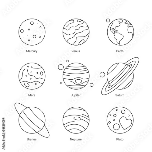 Set of solar system planets signed with names. Earth, Mercury, Jupiter, Saturn, Uranus, Jupiter, Saturn, Pluto, Venus, Neptune. Planetary, astronomy science thin line vector illustration