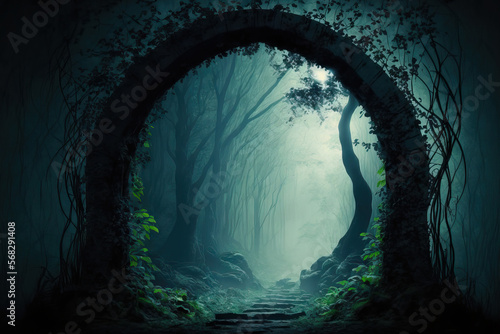 A misty, shadowy archway in an enchanted fairy woodland setting is available as a background. Generative AI