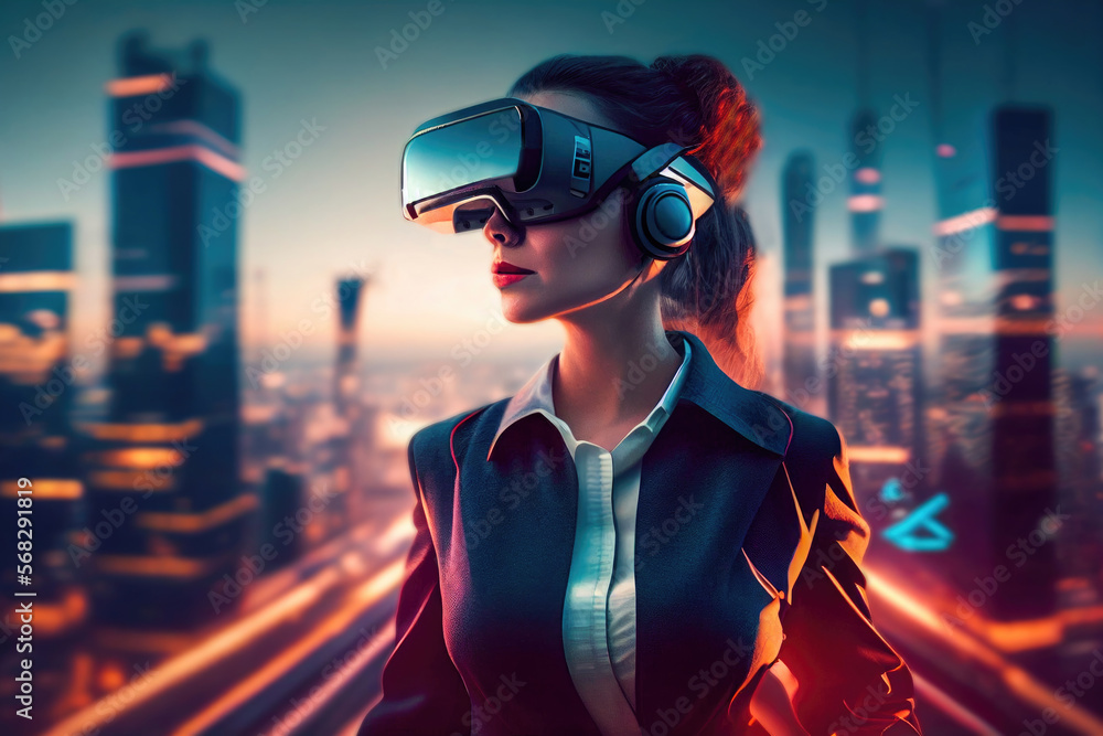 Business woman wearing a VR headset and taking on a challenge against the backdrop of a city in the future. Generative Ai Business woman wearing a VR headset and taking on a challenge against the backdrop of a city in the future. Generative Ai