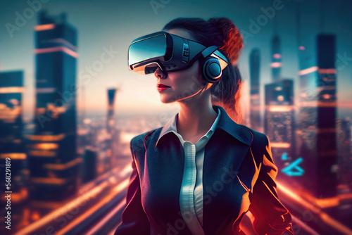 Business woman wearing a VR headset and taking on a challenge against the backdrop of a city in the future. Generative Ai