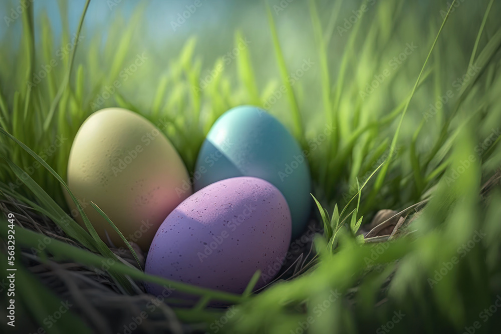 Easter eggs in grass, spring field, card template, copy space. Generative AI Easter eggs in grass, spring field, card template, copy space. Generative AI