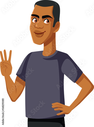Man Counting Showing Three Fingers Vector Cartoon Illustration. Smiling handsome guy counting showing number three 
