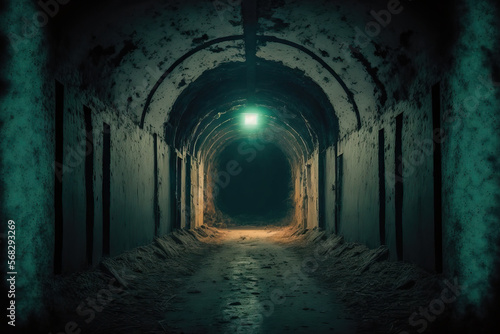 A terrifying abandoned location in the dark is a historic reinforced concrete bunker tunnel from World War 2. Generative AI