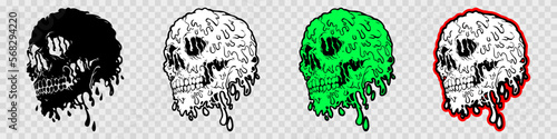 Creepy slime skull illustration. Dripping Skull in gothic design. T-shirt print for Horror or Halloween. Hand drawing illustration isolated on white background. Vector EPS 10