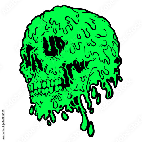 Creepy slime skull illustration. Dripping Skull in gothic design. T-shirt print for Horror or Halloween. Hand drawing illustration isolated on white background. Vector EPS 10
