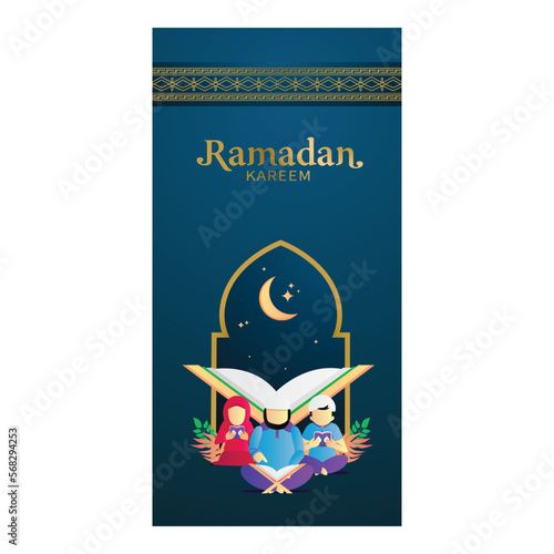 Ramadan kareem praying father, son and daughter illustration vertical banner