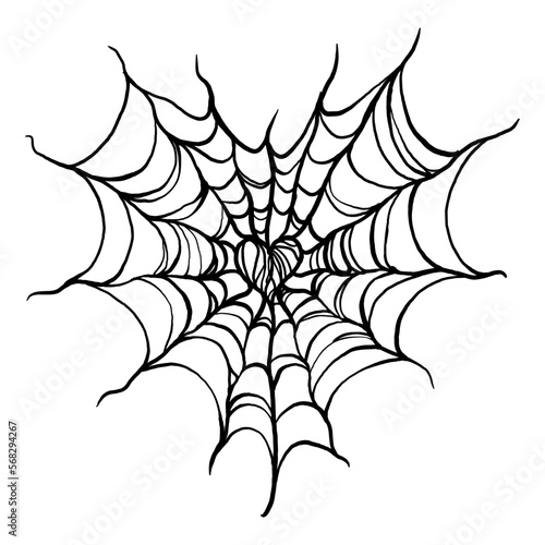 Spider web in shape of heart. Spiderweb in gothic design for Valentine's Day or Halloween. Hand drawing illustration isolated on white background. Vector EPS 10