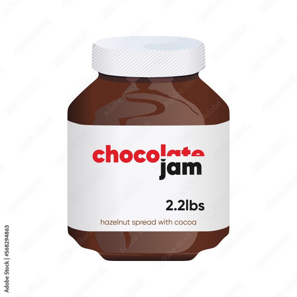 The best realistic chocolate jam bottle vector illustration in trendy design style. Hazelnut cream in a glass jar. Сhocolate spread. Editable graphic resources for many purposes.