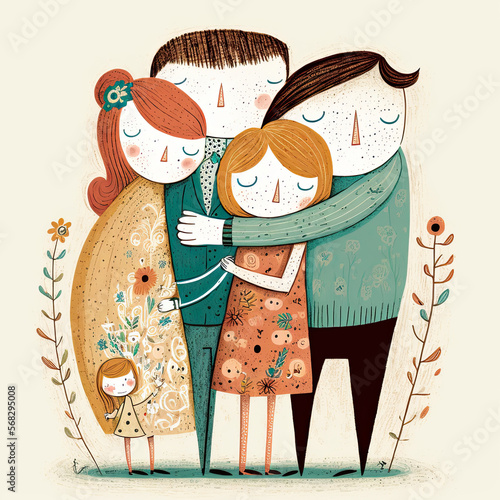 Happy family hugging each others, family portrait generative ai illustration in naive art style