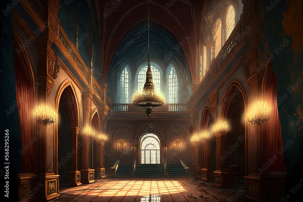 Interior of a grand palace hall. Background fantasy. Conceptual art Genuine Illustration. Background of video games. Digitized painting. CG artwork picture of a scene. Realistic Painting. Picture of a