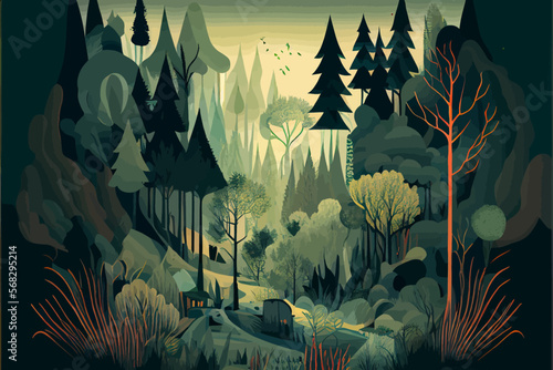 Abstract forest landscape illustration vector graphic