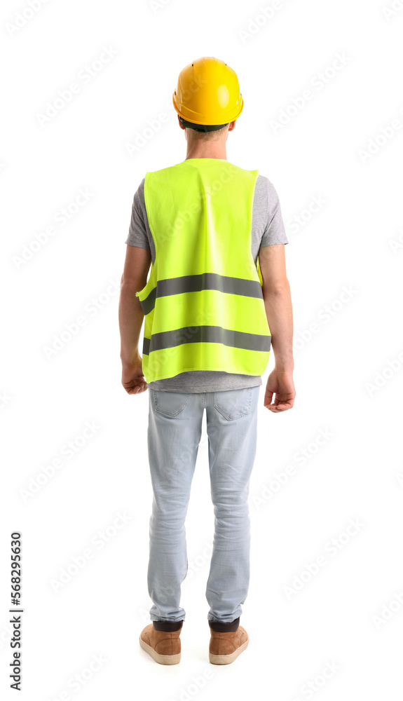 Male worker in vest and hardhat on white background, back view Male worker in vest and hardhat on white background, back view