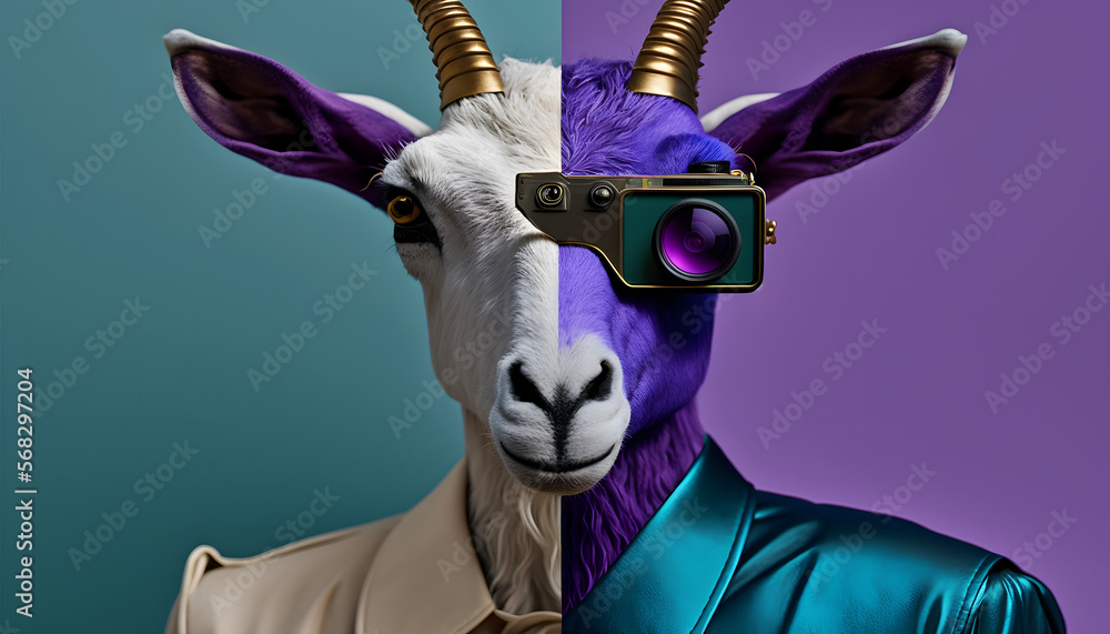 fashionable goat, with vr glasses and fancy clothes, digital illustration, 3d render