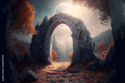 Ancient stone arch with glowing doorway in the middle of a barren fall woodland. enigmatic location with rock pillars and a portal to another planet. Generative AI